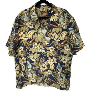 CARIBBEAN Linen Hawaiian Shirt Blue Tropical Leaves And Martini Theme Men’s XL